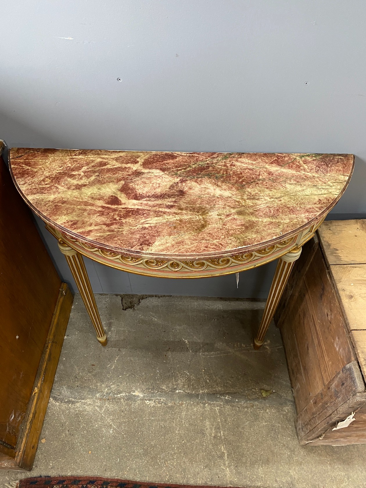 An 18th century style painted faux marble D shaped console table, width 88cm, depth 34cm, height 77cm